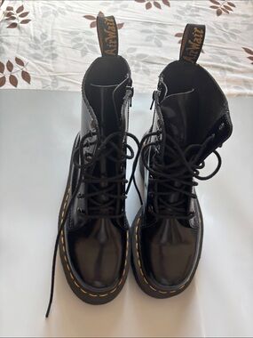 Dr. Martens Black Patent Lace-Up Combat Boots with Yellow Stitching